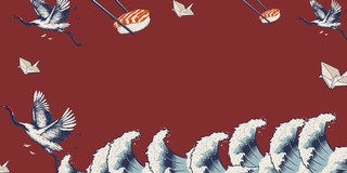 红色和风手绘海浪仙鹤日式展板背景